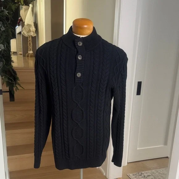 Tilley Black Cable Knit Button Mock Neck Sweater S - Picture 1 of 7
